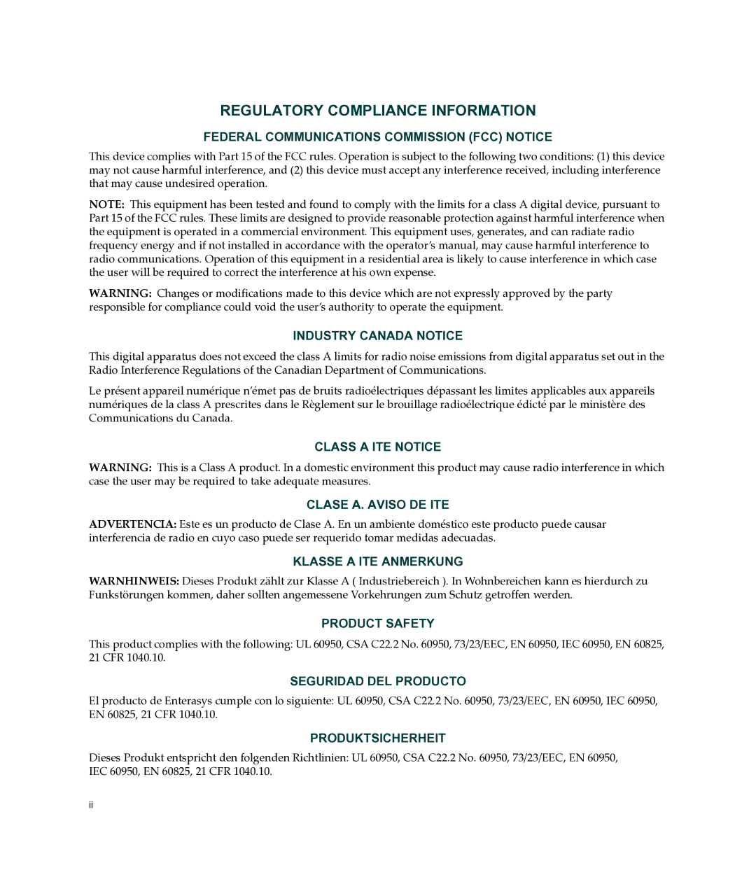 Enterasys Networks A2H124-24FX manual Regulatory Compliance Information 