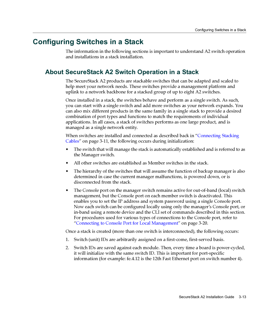 Enterasys Networks A2H124-24FX manual Configuring Switches in a Stack, About SecureStack A2 Switch Operation in a Stack 