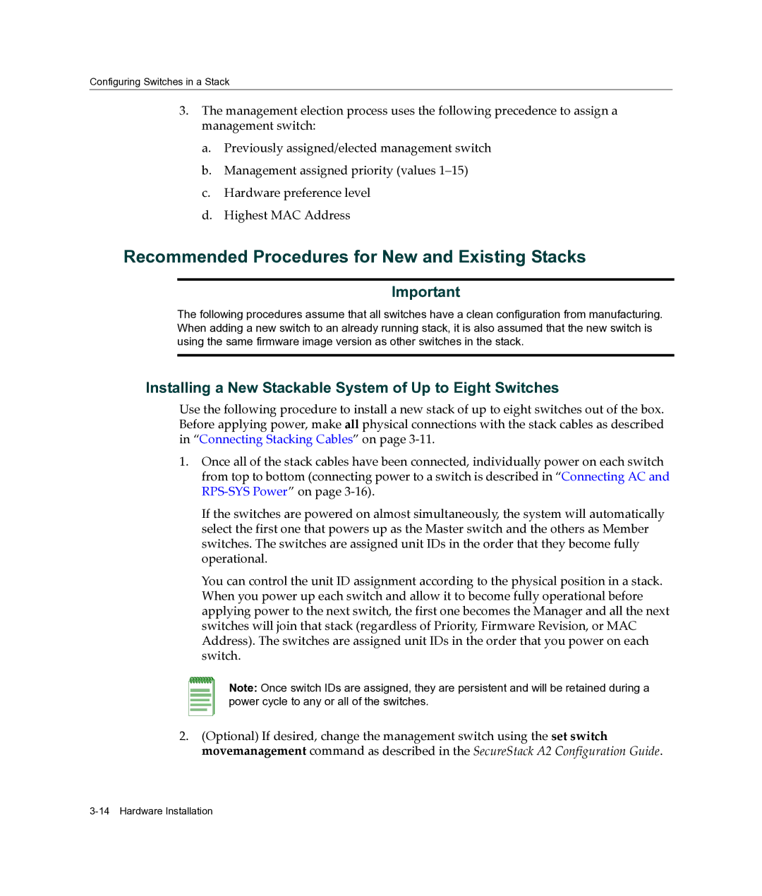 Enterasys Networks A2H124-24FX manual Recommended Procedures for New and Existing Stacks 