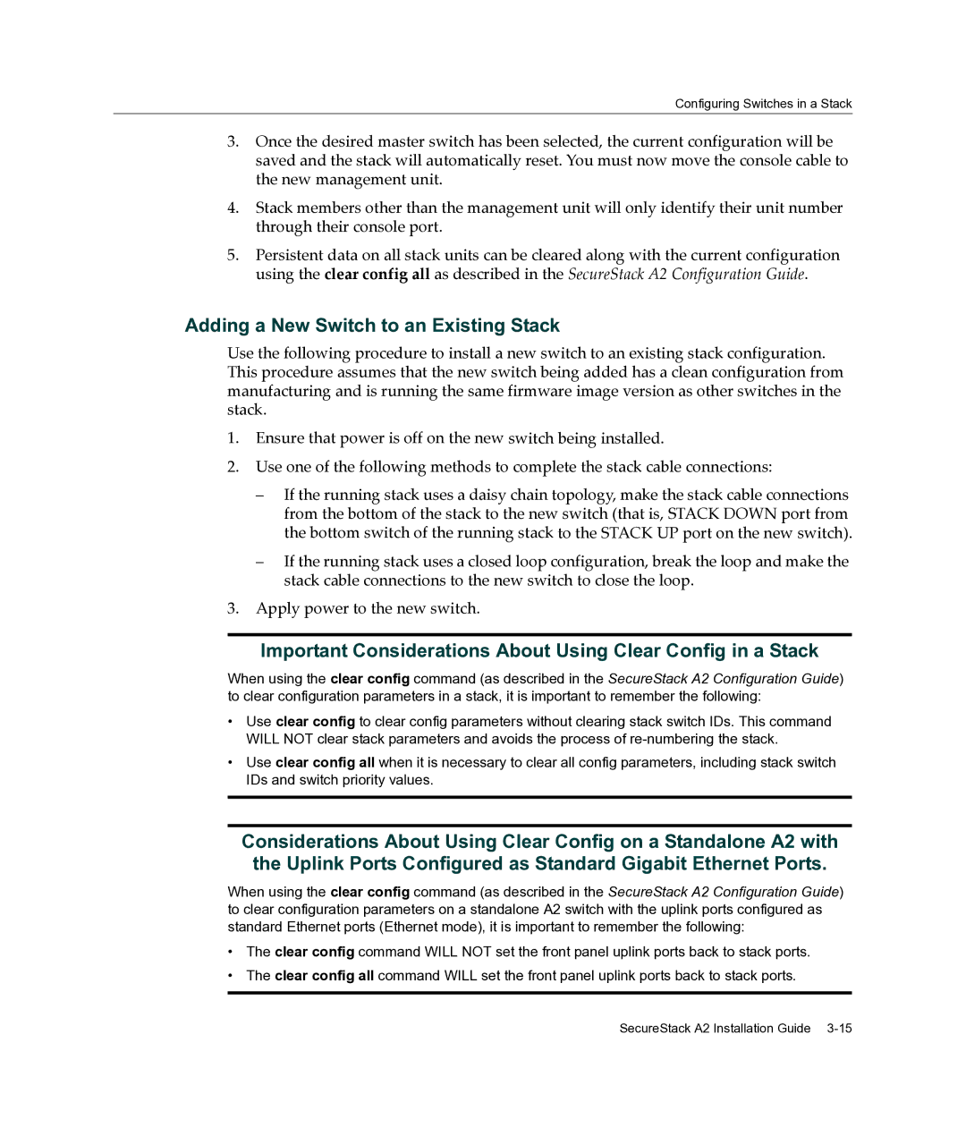 Enterasys Networks A2H124-24FX manual Important Considerations About Using Clear Config in a Stack 