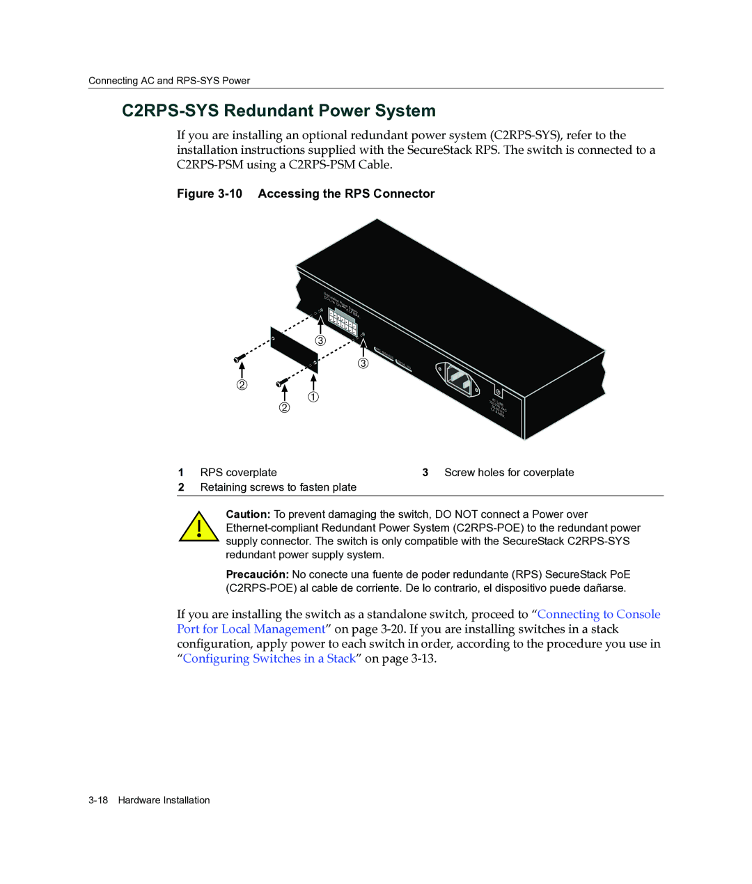 Enterasys Networks A2H124-24FX manual C2RPS-SYS Redundant Power System, RPS coverplate Screw holes for coverplate 