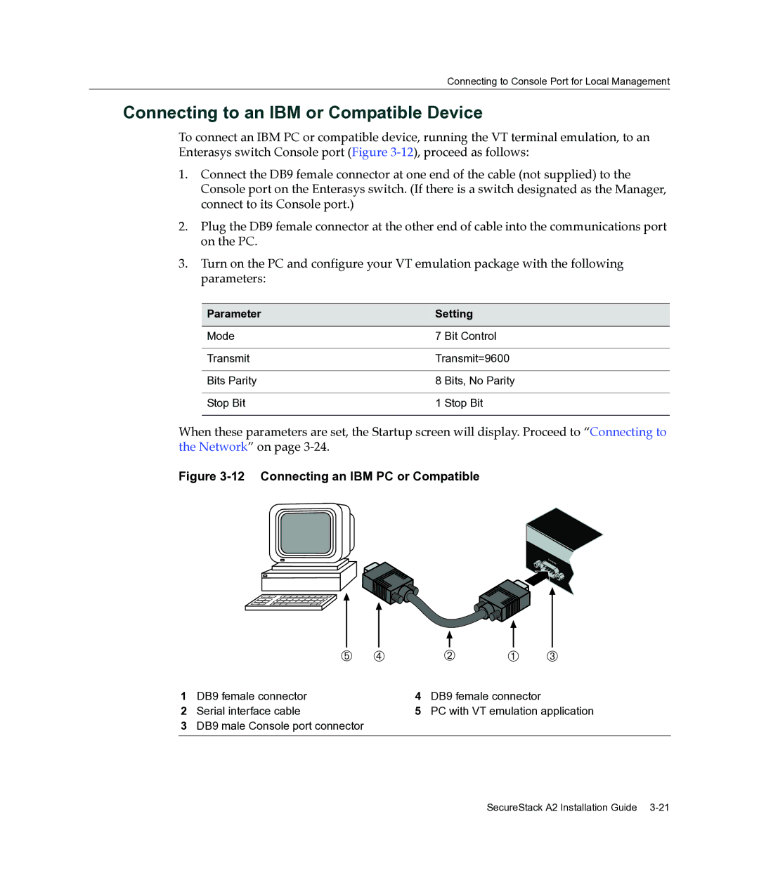 Enterasys Networks A2H124-24FX Connecting to an IBM or Compatible Device, DB9 female connector Serial interface cable 