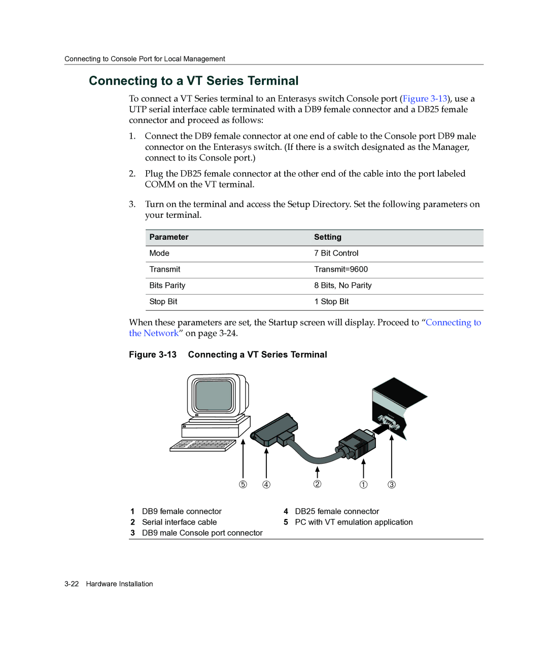 Enterasys Networks A2H124-24FX manual Connecting to a VT Series Terminal, Connecting a VT Series Terminal 