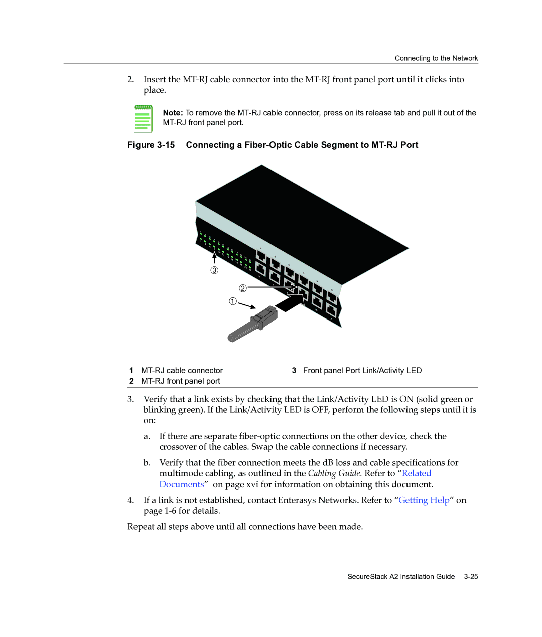 Enterasys Networks A2H124-24FX manual Connecting a Fiber-Optic Cable Segment to MT-RJ Port 