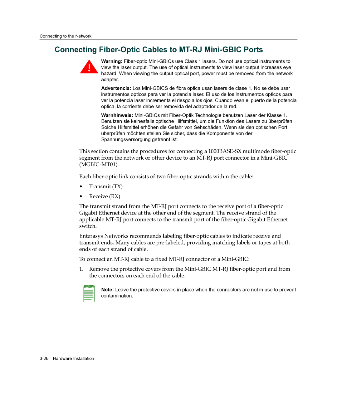 Enterasys Networks A2H124-24FX manual Connecting Fiber-Optic Cables to MT-RJ Mini-GBIC Ports 