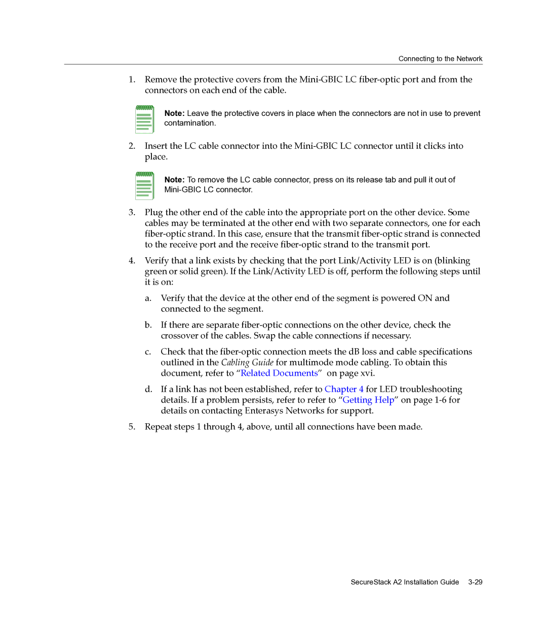 Enterasys Networks A2H124-24FX manual Connecting to the Network 