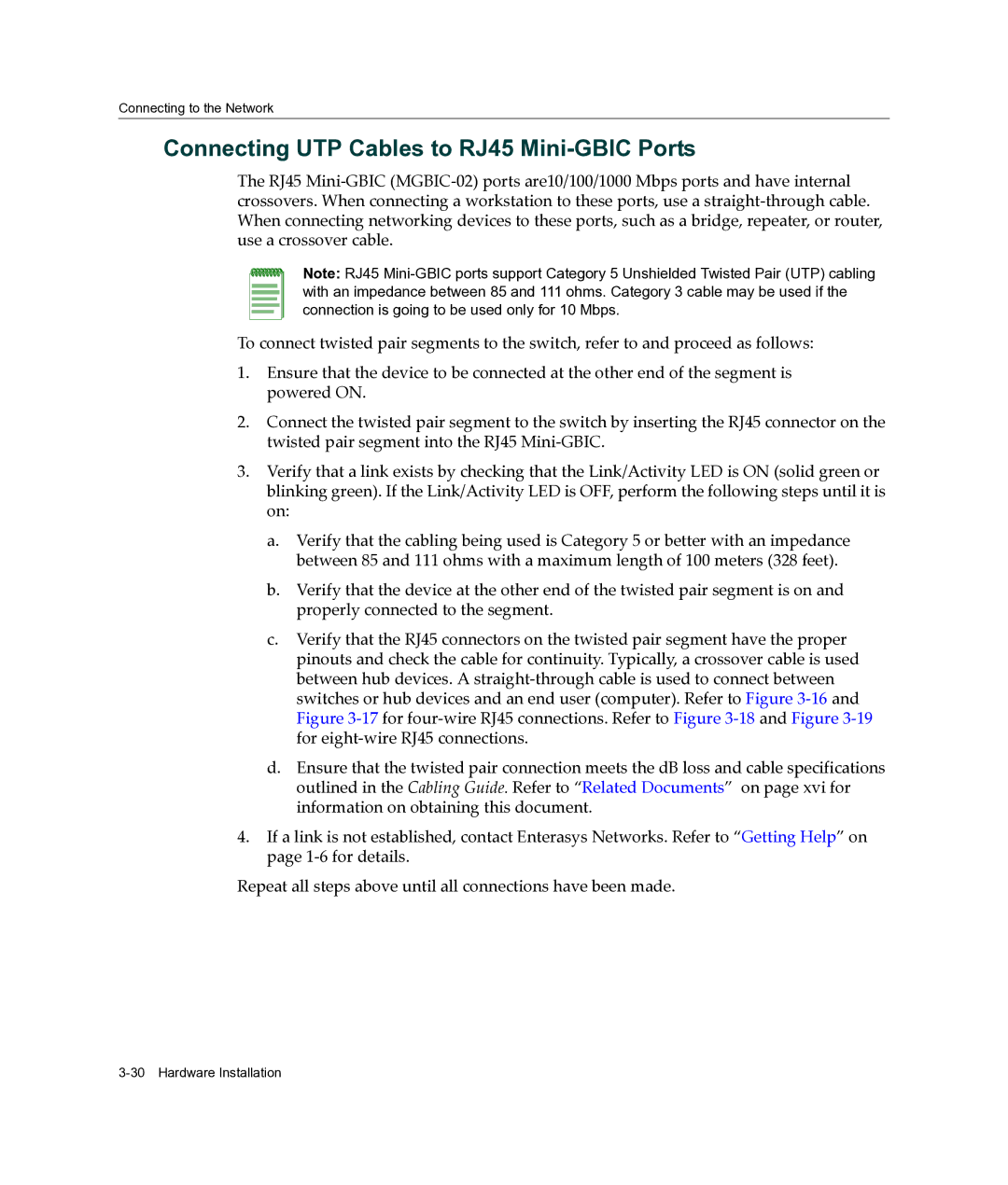 Enterasys Networks A2H124-24FX manual Connecting UTP Cables to RJ45 Mini-GBIC Ports 