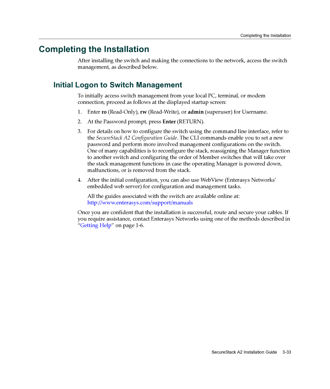 Enterasys Networks A2H124-24FX manual Completing the Installation, Initial Logon to Switch Management 