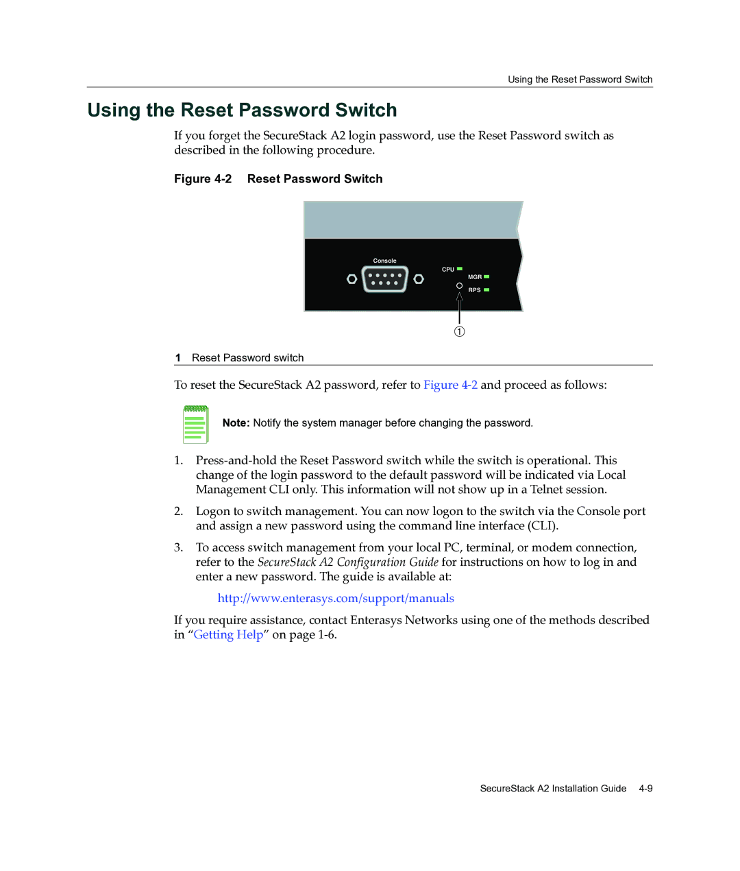 Enterasys Networks A2H124-24FX manual Using the Reset Password Switch 