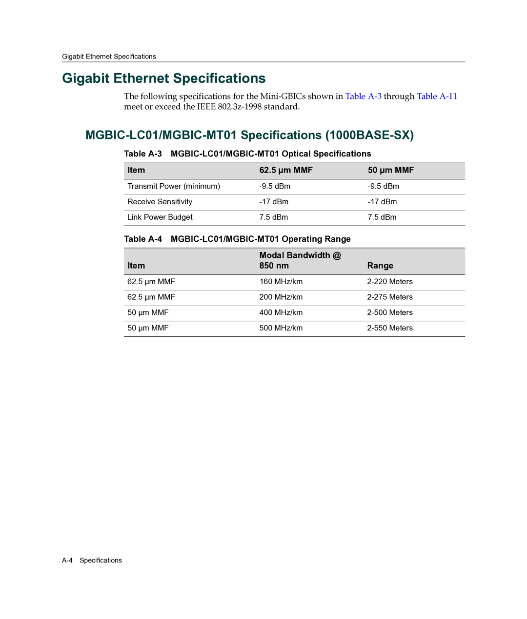 Enterasys Networks A2H124-24FX manual Gigabit Ethernet Specifications, MGBIC-LC01/MGBIC-MT01 Specifications 1000BASE-SX 