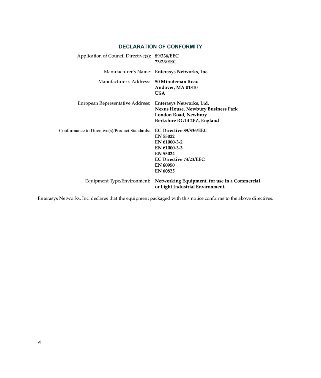 Enterasys Networks A2H124-24FX manual Declaration of Conformity 