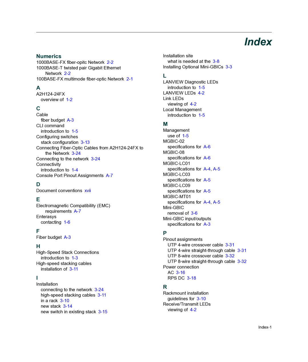 Enterasys Networks A2H124-24FX manual Index 