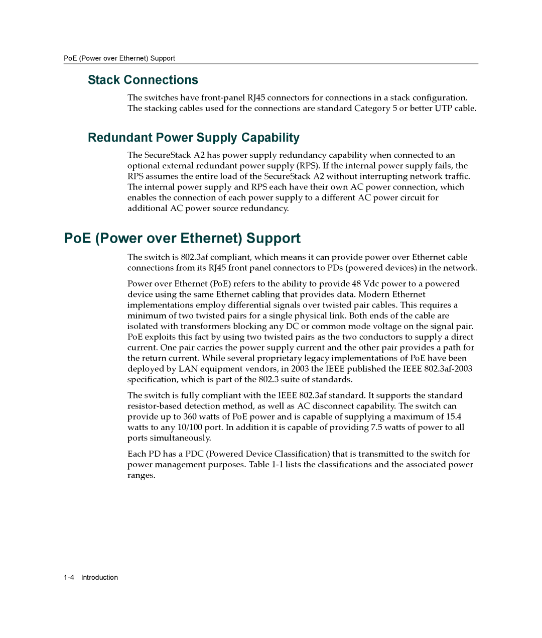 Enterasys Networks A2H124-48P manual PoE Power over Ethernet Support, Stack Connections, Redundant Power Supply Capability 