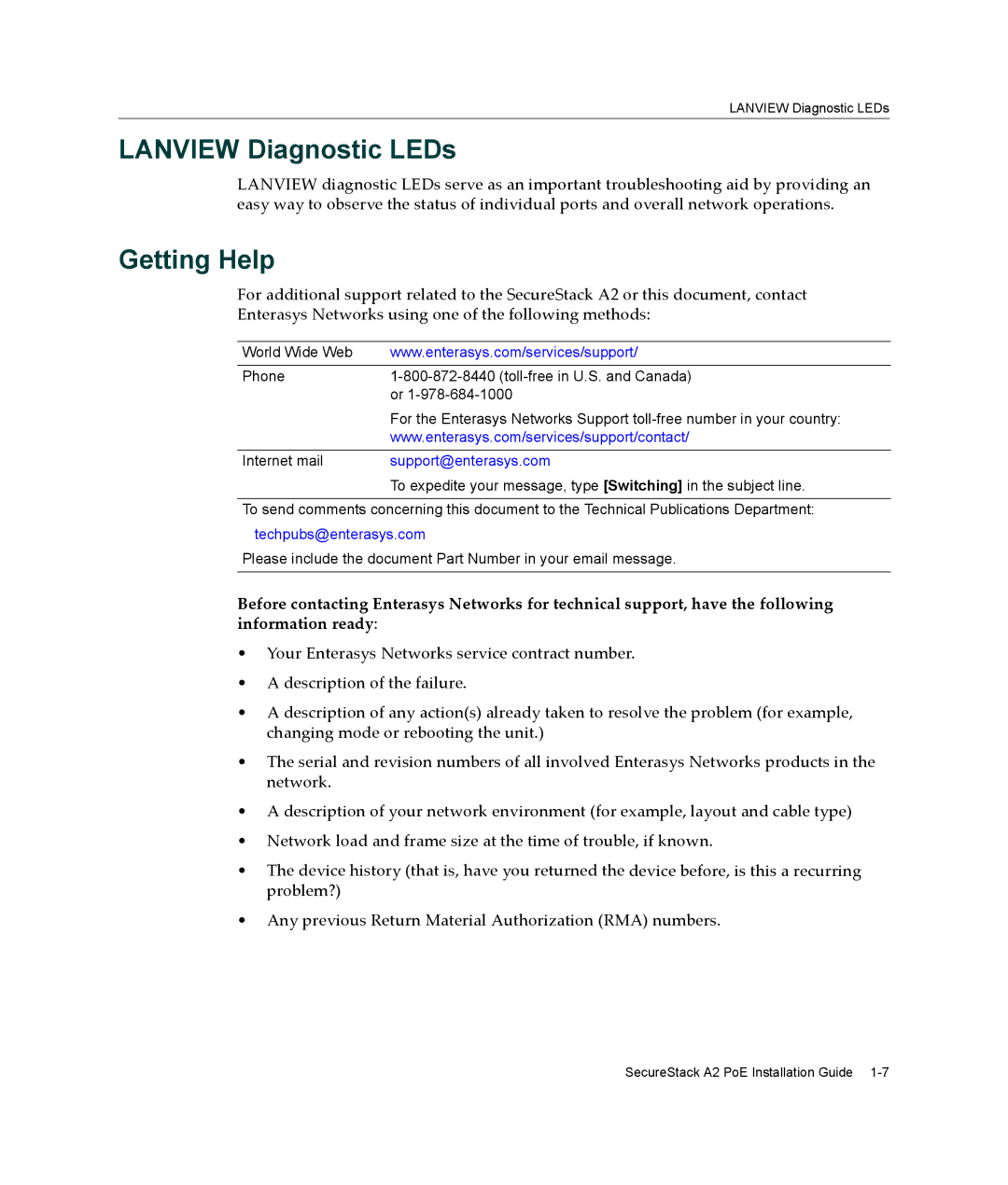 Enterasys Networks A2H124-24P, A2H124-48P manual Lanview Diagnostic LEDs, Getting Help 