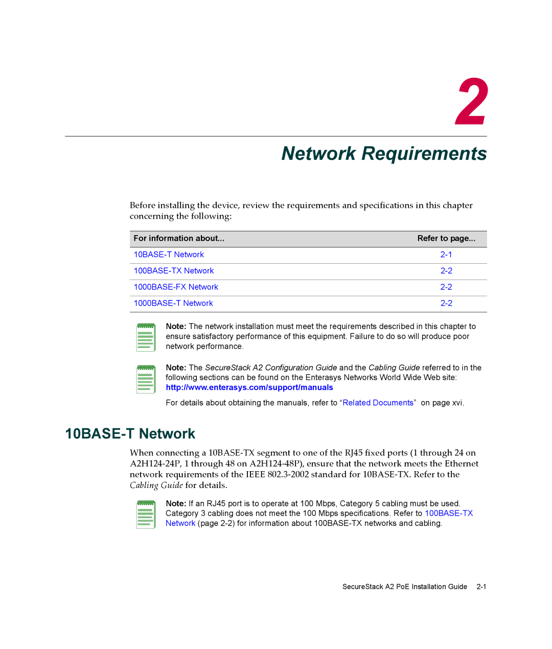 Enterasys Networks A2H124-24P, A2H124-48P manual Network Requirements, 10BASE-T Network 