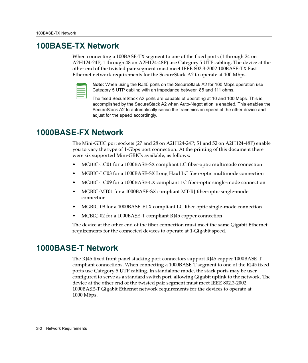 Enterasys Networks A2H124-48P, A2H124-24P manual 100BASE-TX Network, 1000BASE-FX Network, 1000BASE-T Network 