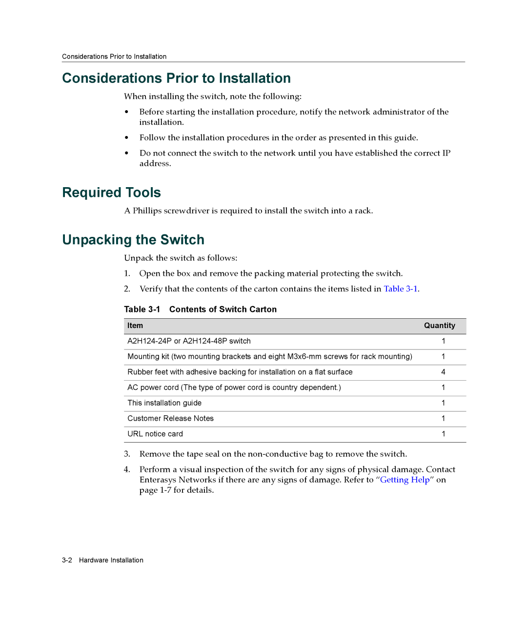 Enterasys Networks A2H124-48P, A2H124-24P manual Considerations Prior to Installation, Required Tools, Unpacking the Switch 