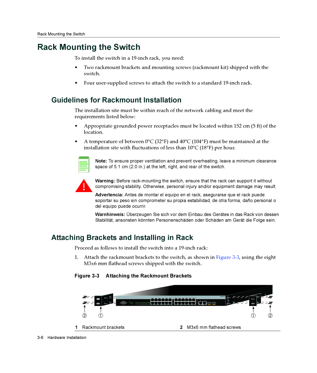 Enterasys Networks A2H124-48P, A2H124-24P manual Rack Mounting the Switch, Guidelines for Rackmount Installation 