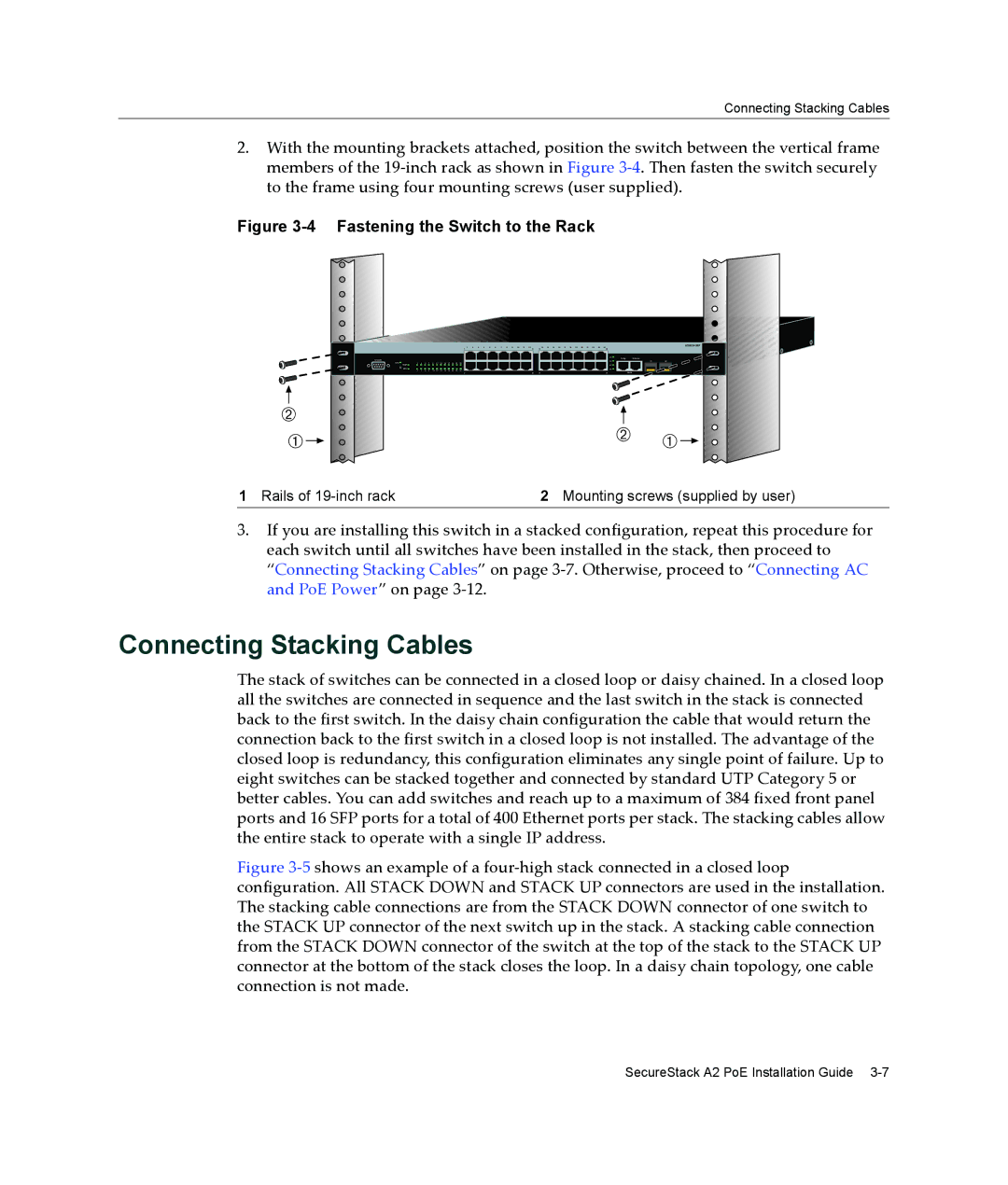 Enterasys Networks A2H124-24P, A2H124-48P manual Connecting Stacking Cables, Fastening the Switch to the Rack 