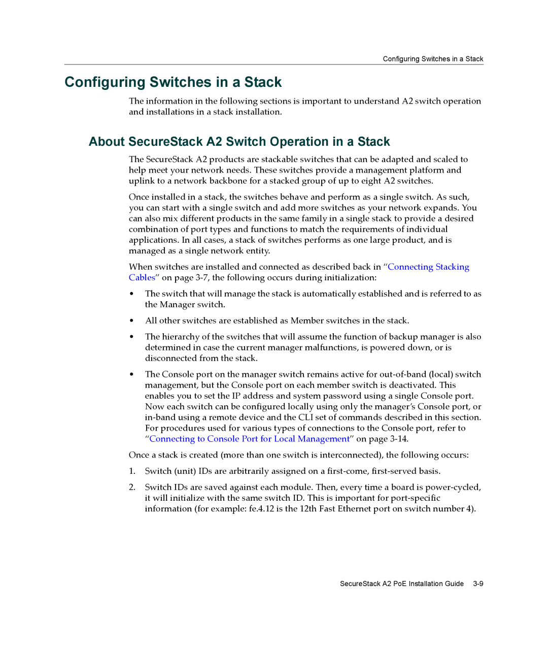 Enterasys Networks A2H124-24P manual Configuring Switches in a Stack, About SecureStack A2 Switch Operation in a Stack 