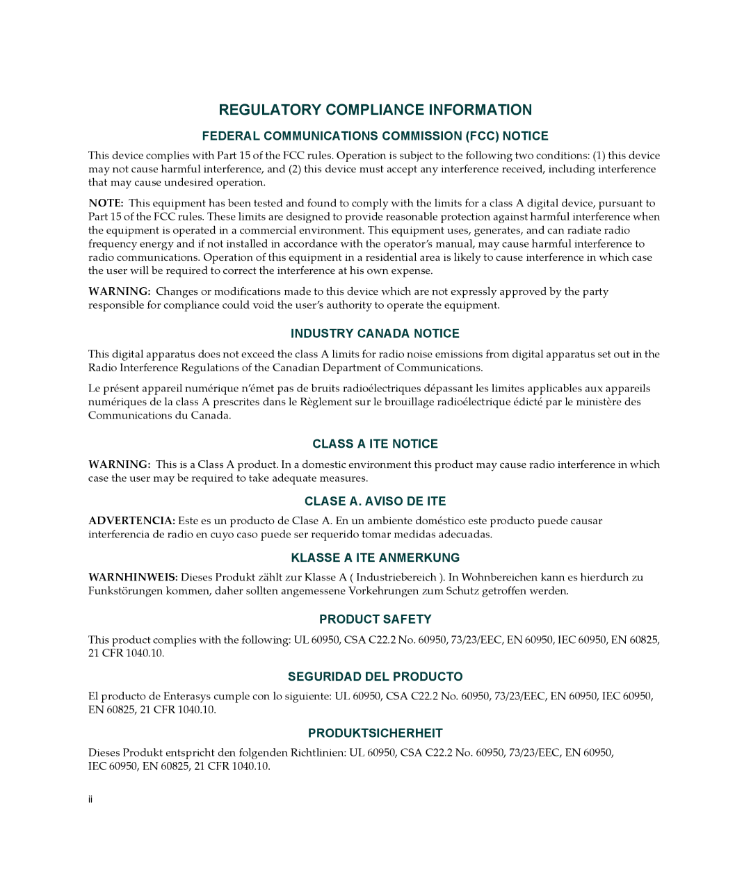 Enterasys Networks A2H124-48P, A2H124-24P manual Regulatory Compliance Information 