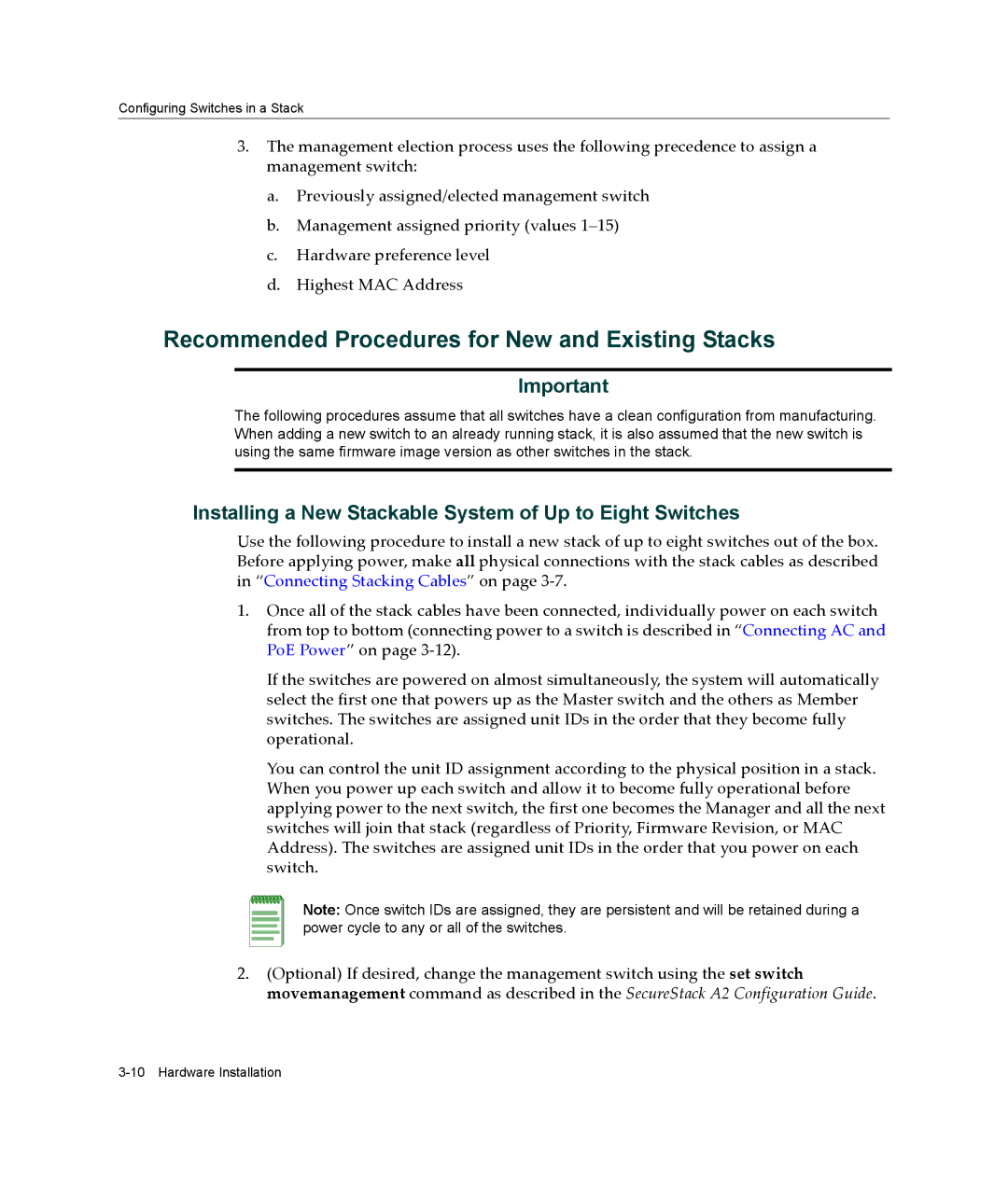 Enterasys Networks A2H124-48P, A2H124-24P manual Recommended Procedures for New and Existing Stacks 