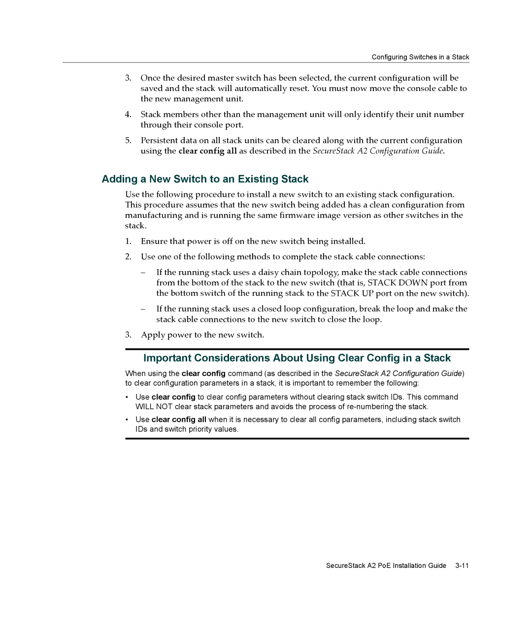 Enterasys Networks A2H124-24P, A2H124-48P manual Important Considerations About Using Clear Config in a Stack 