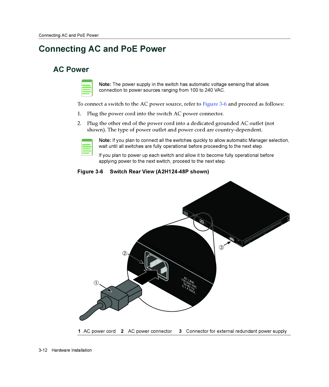 Enterasys Networks A2H124-48P, A2H124-24P manual Connecting AC and PoE Power, AC Power 