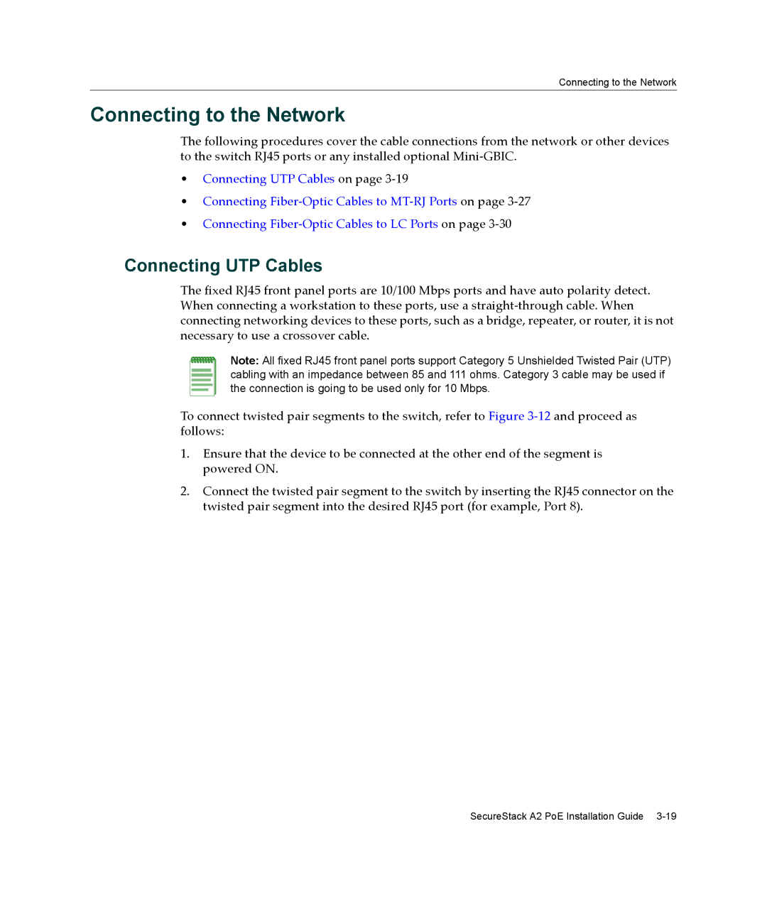 Enterasys Networks A2H124-24P, A2H124-48P manual Connecting to the Network, Connecting UTP Cables 