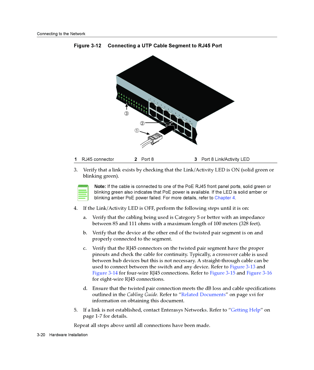 Enterasys Networks A2H124-48P, A2H124-24P manual Connecting a UTP Cable Segment to RJ45 Port 