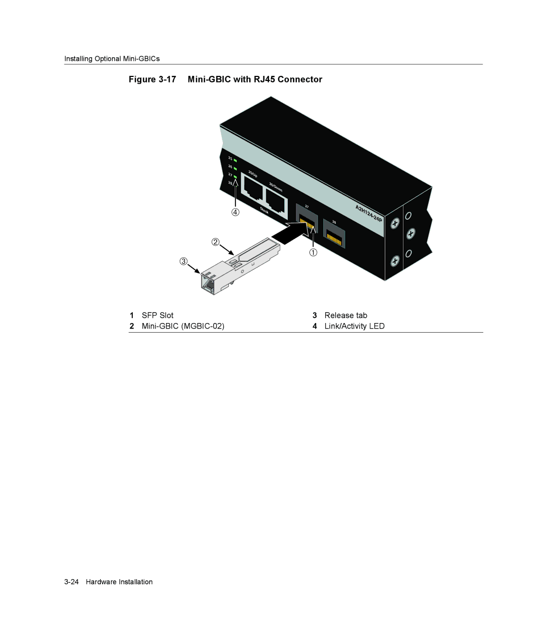 Enterasys Networks A2H124-48P, A2H124-24P manual Mini-GBIC with RJ45 Connector 