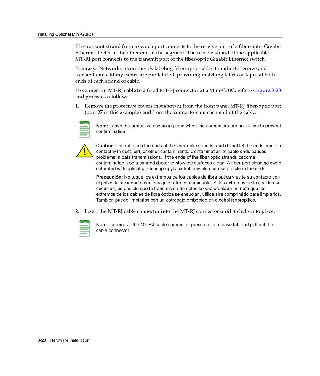 Enterasys Networks A2H124-48P, A2H124-24P manual Installing Optional Mini-GBICs 