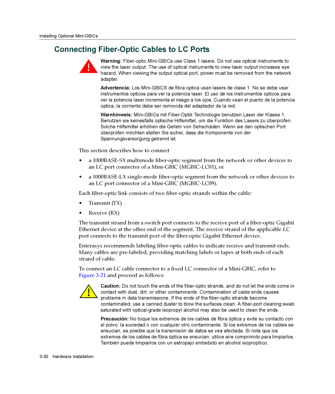 Enterasys Networks A2H124-48P, A2H124-24P manual Connecting Fiber-Optic Cables to LC Ports 