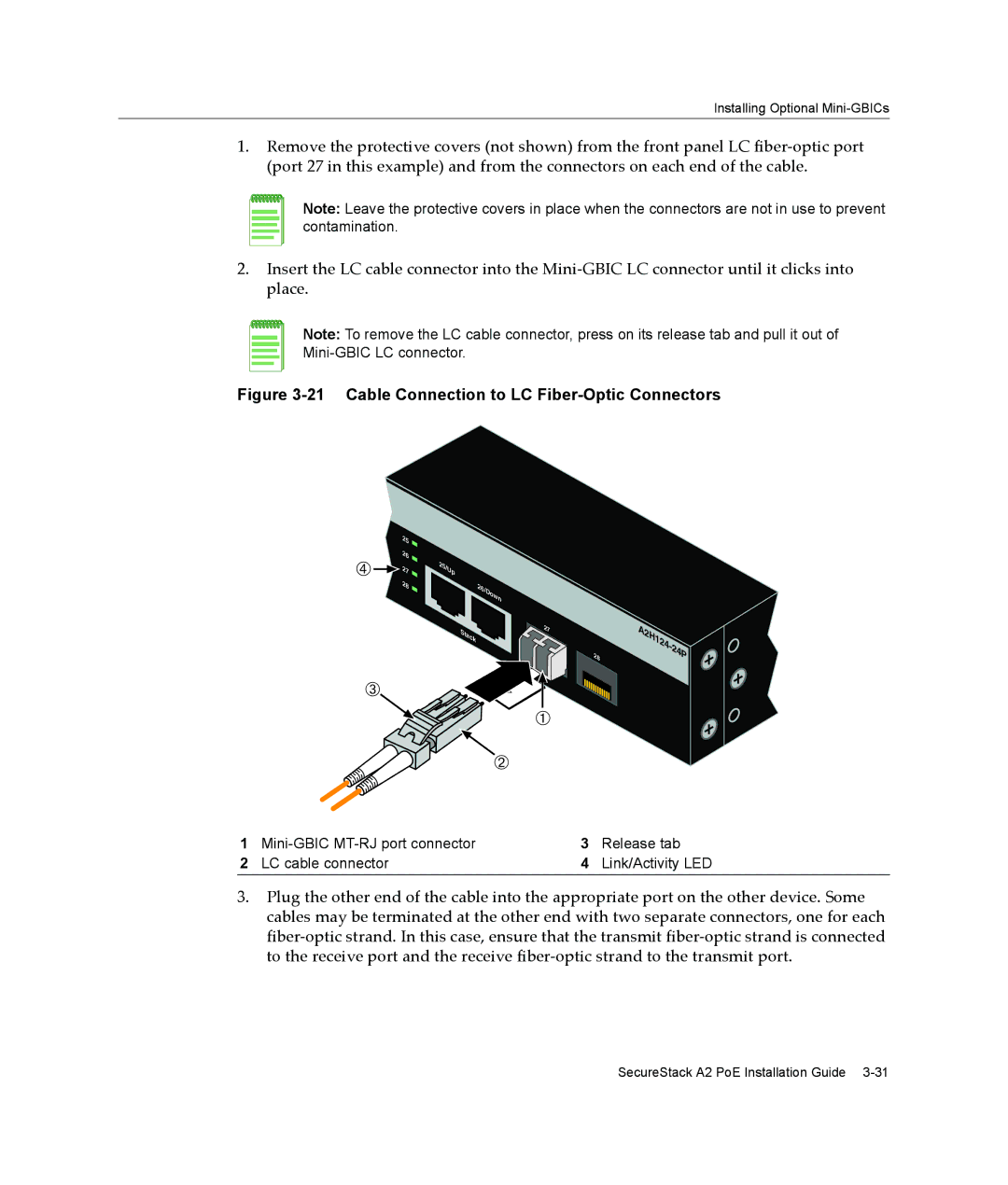 Enterasys Networks A2H124-24P, A2H124-48P manual Cable Connection to LC Fiber-Optic Connectors 