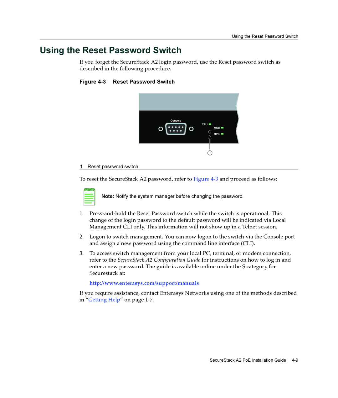 Enterasys Networks A2H124-24P, A2H124-48P manual Using the Reset Password Switch 