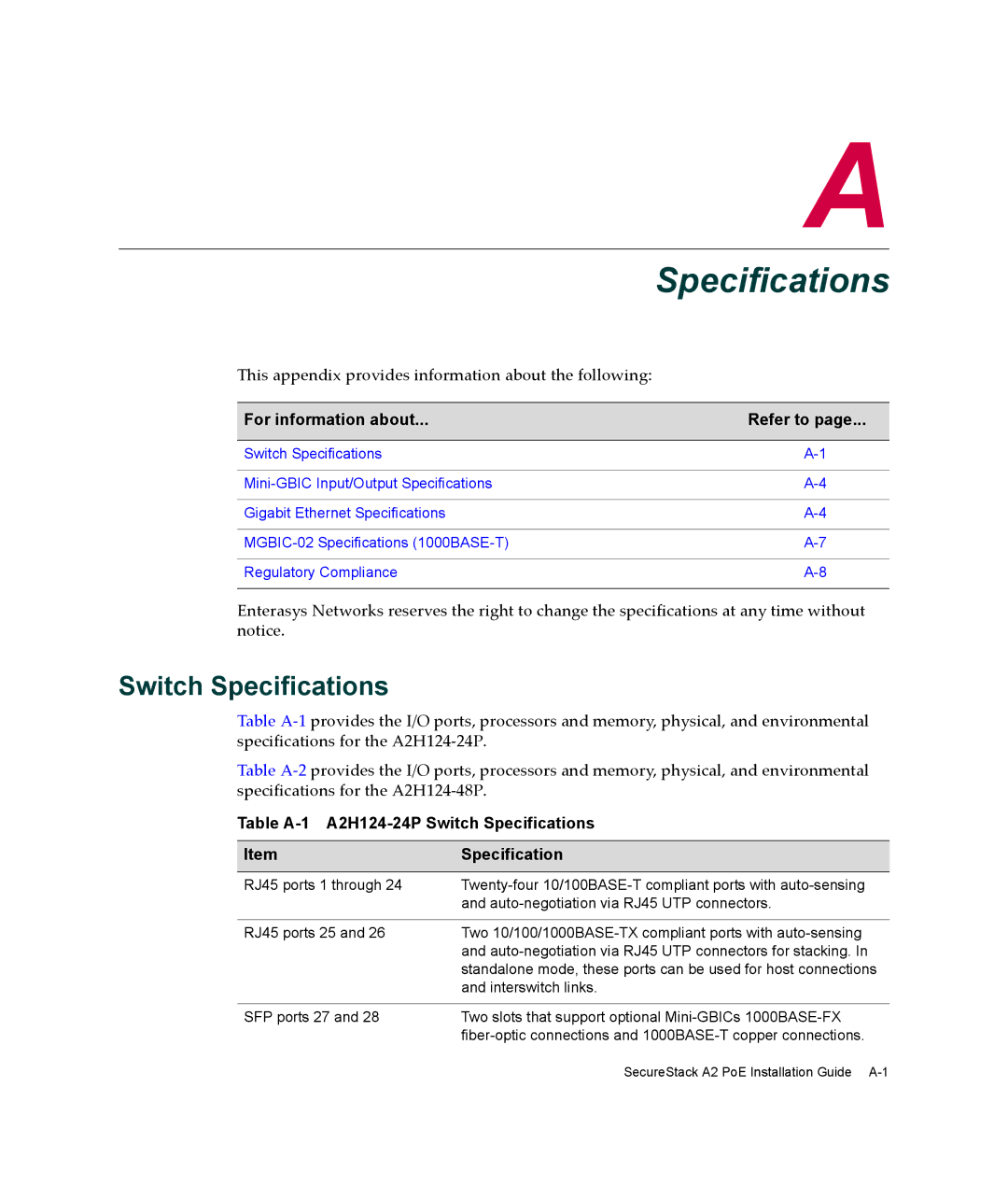 Enterasys Networks A2H124-48P manual Table A-1 A2H124-24P Switch Specifications 