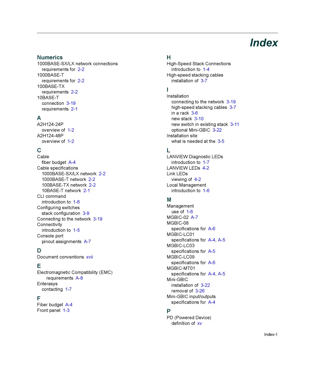 Enterasys Networks A2H124-24P, A2H124-48P manual Index 