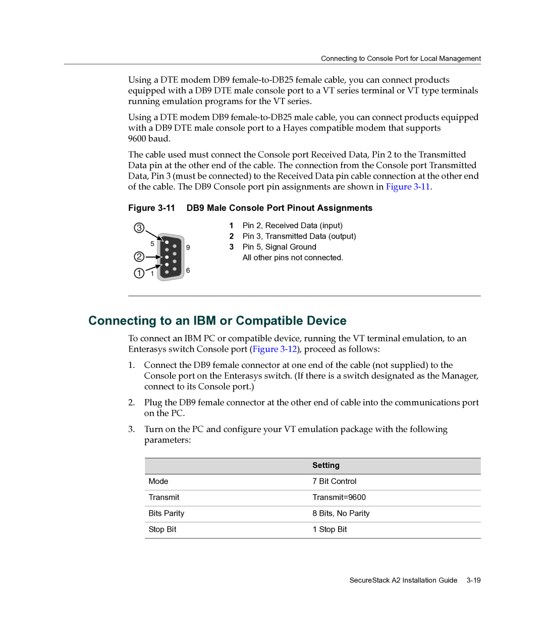 Enterasys Networks A2H254-16 manual Connecting to an IBM or Compatible Device, DB9 Male Console Port Pinout Assignments 