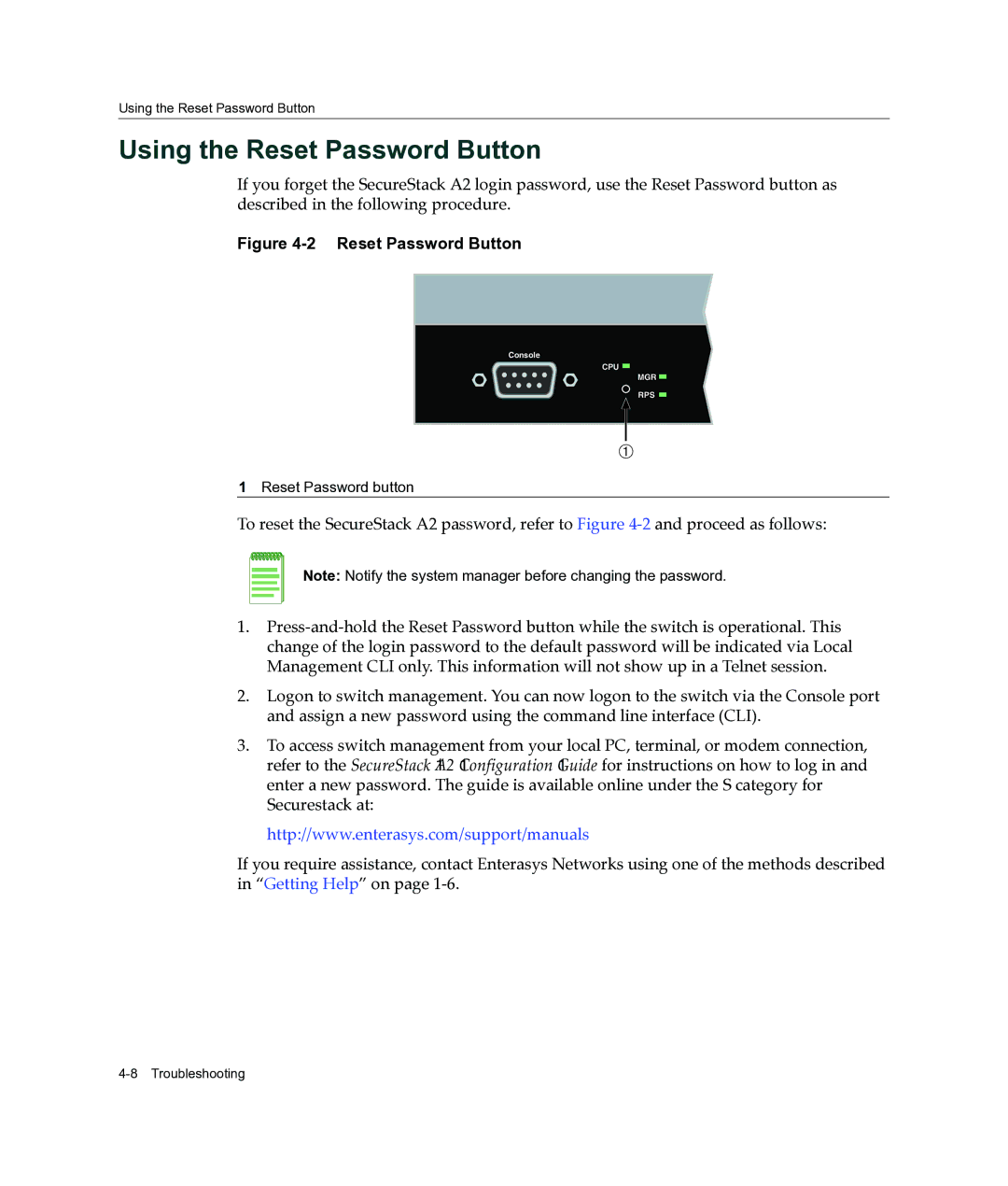 Enterasys Networks A2H254-16 manual Using the Reset Password Button 