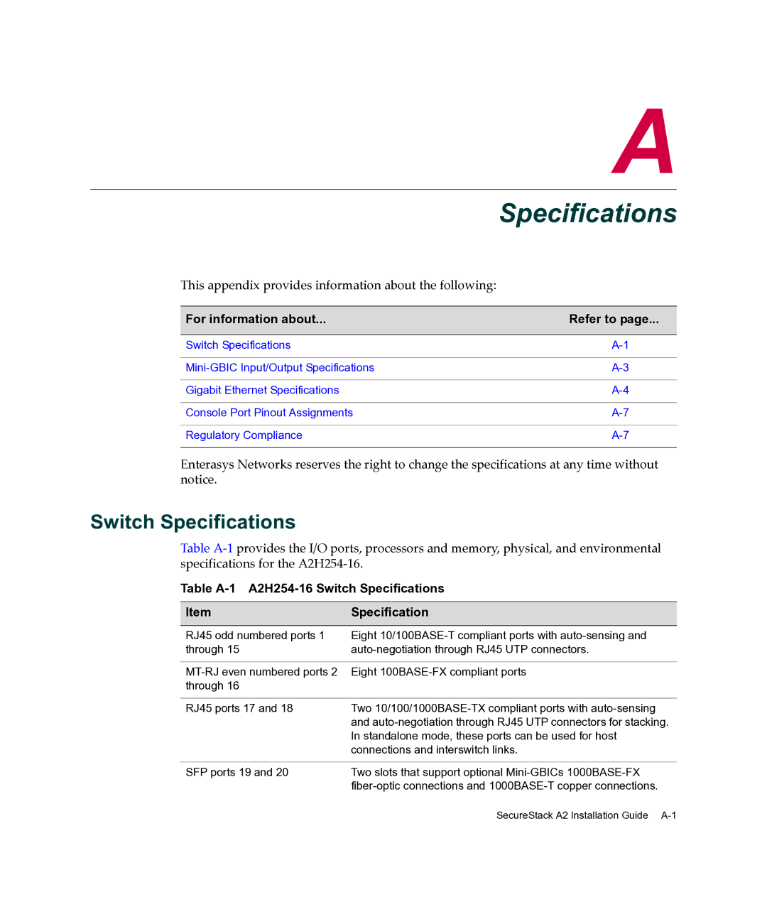 Enterasys Networks manual Table A-1 A2H254-16 Switch Specifications 