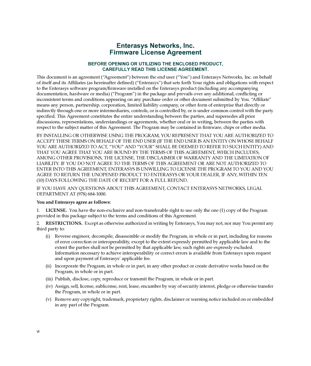 Enterasys Networks A2H254-16 manual Enterasys Networks, Inc Firmware License Agreement 