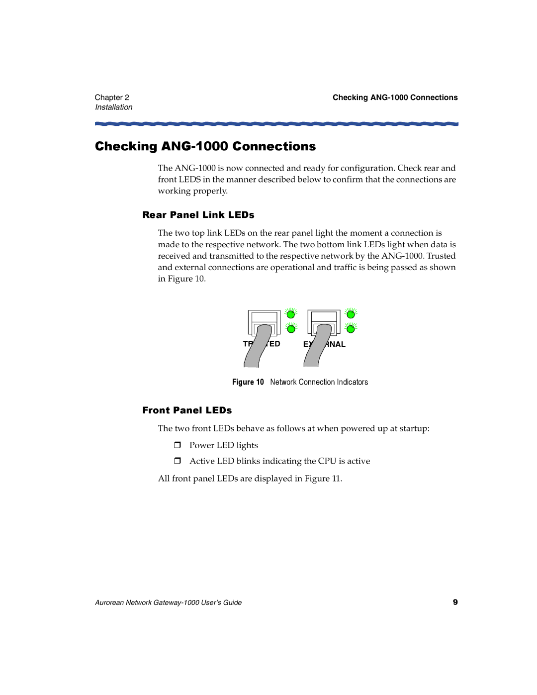 Enterasys Networks manual Checking ANG-1000 Connections, Rear Panel Link LEDs, Front Panel LEDs 