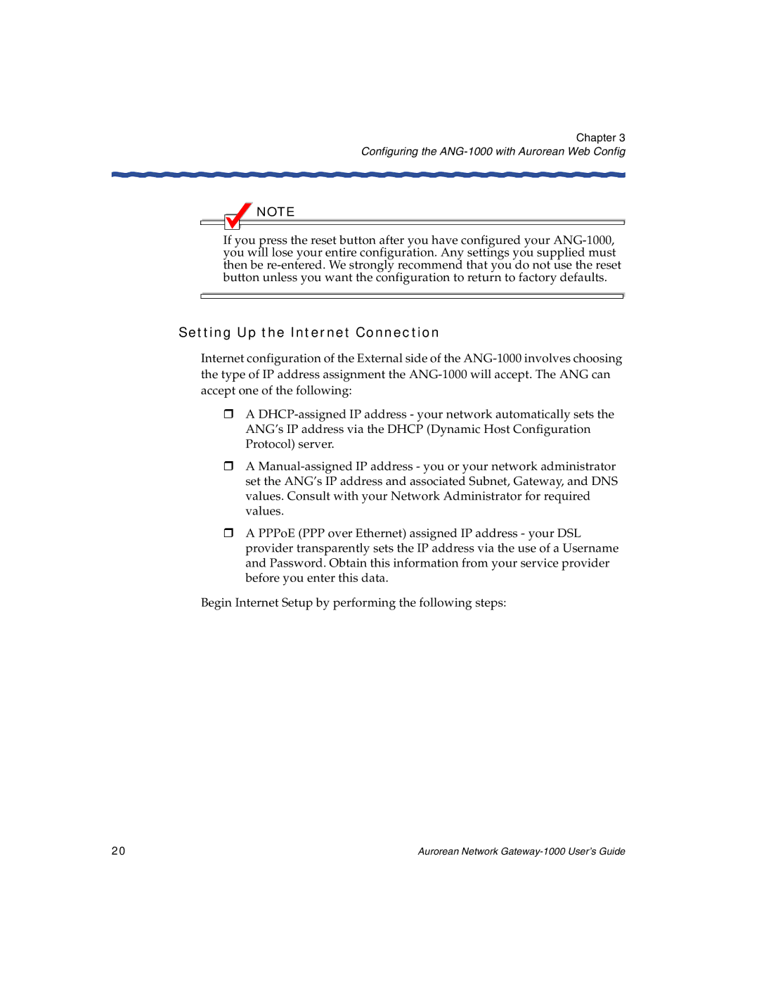 Enterasys Networks ANG-1000 manual Setting Up the Internet Connection 