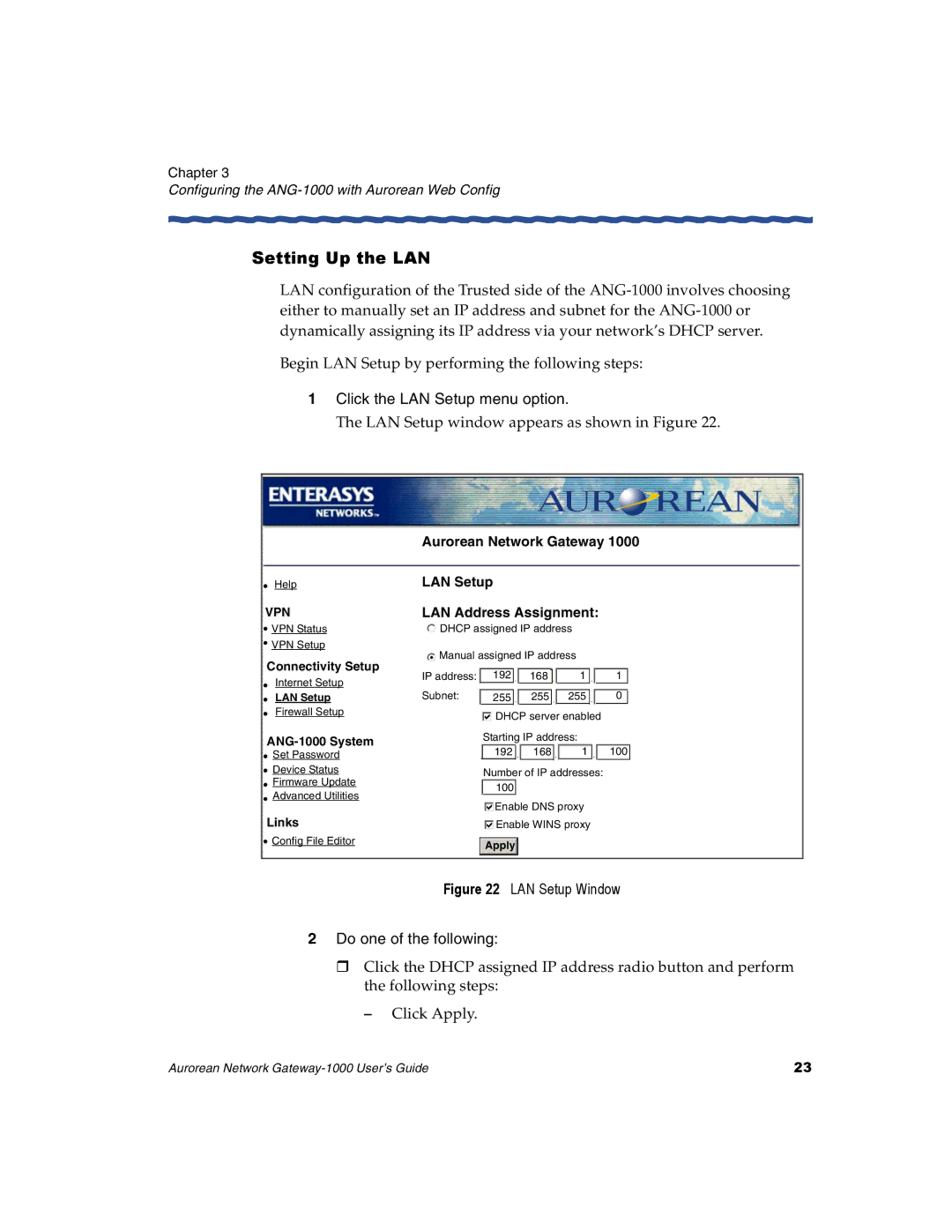 Enterasys Networks ANG-1000 manual Setting Up the LAN, Click the LAN Setup menu option, LAN Address Assignment 