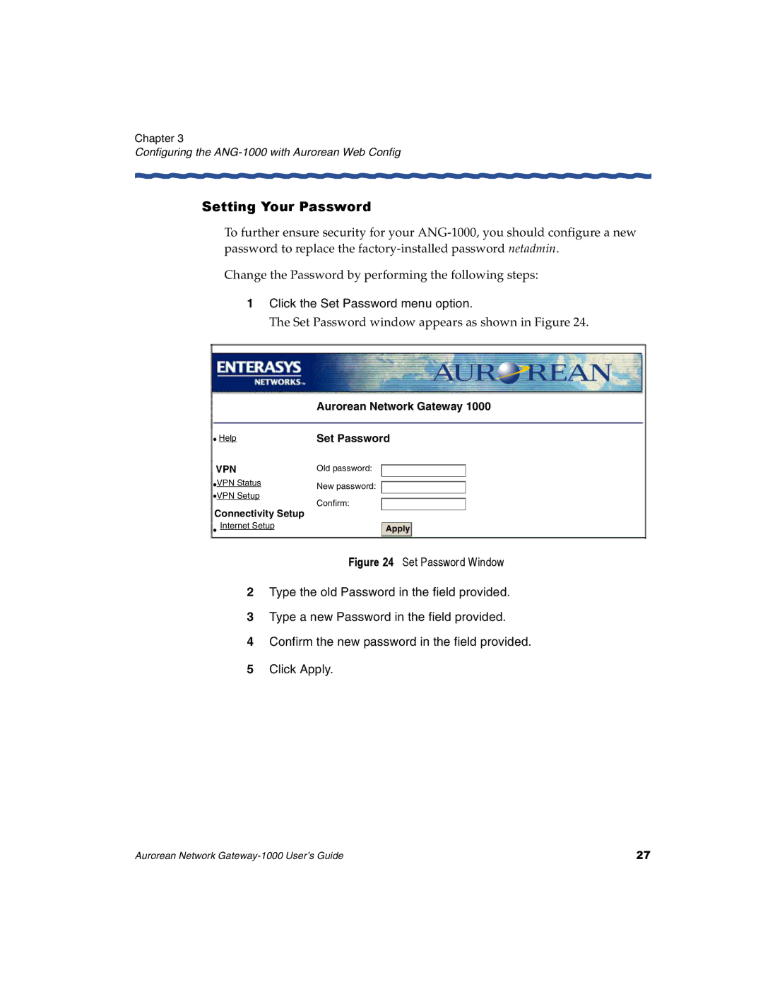 Enterasys Networks ANG-1000 manual Setting Your Password, Click the Set Password menu option 