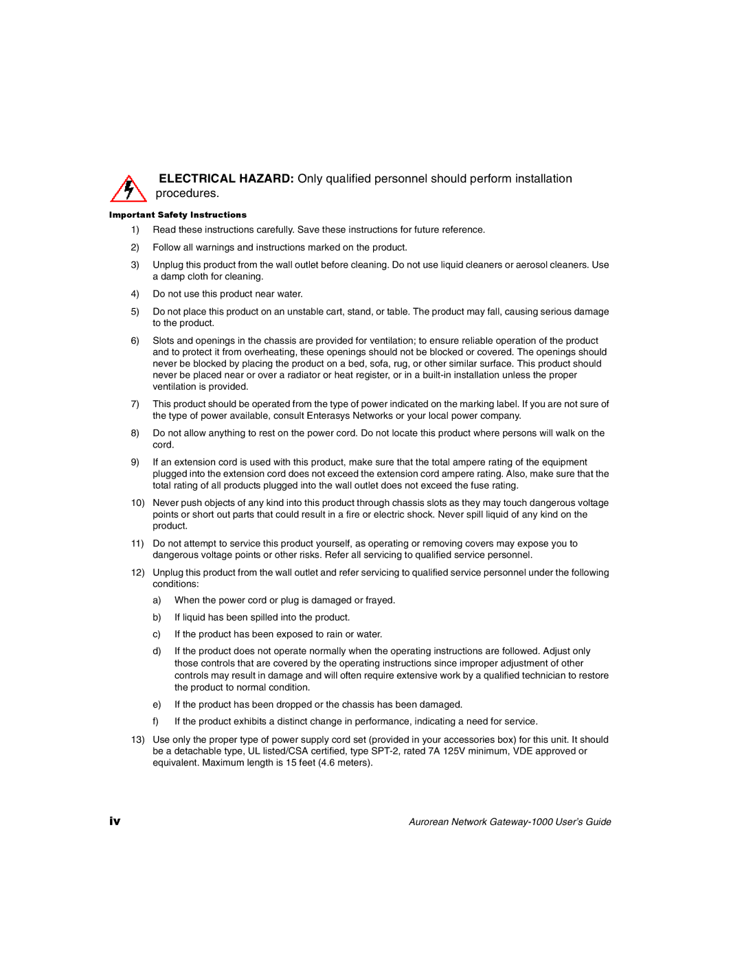 Enterasys Networks ANG-1000 manual Important Safety Instructions 