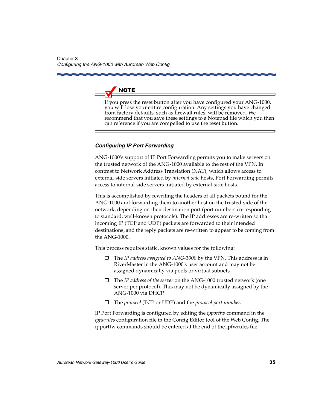 Enterasys Networks ANG-1000 manual Configuring IP Port Forwarding 