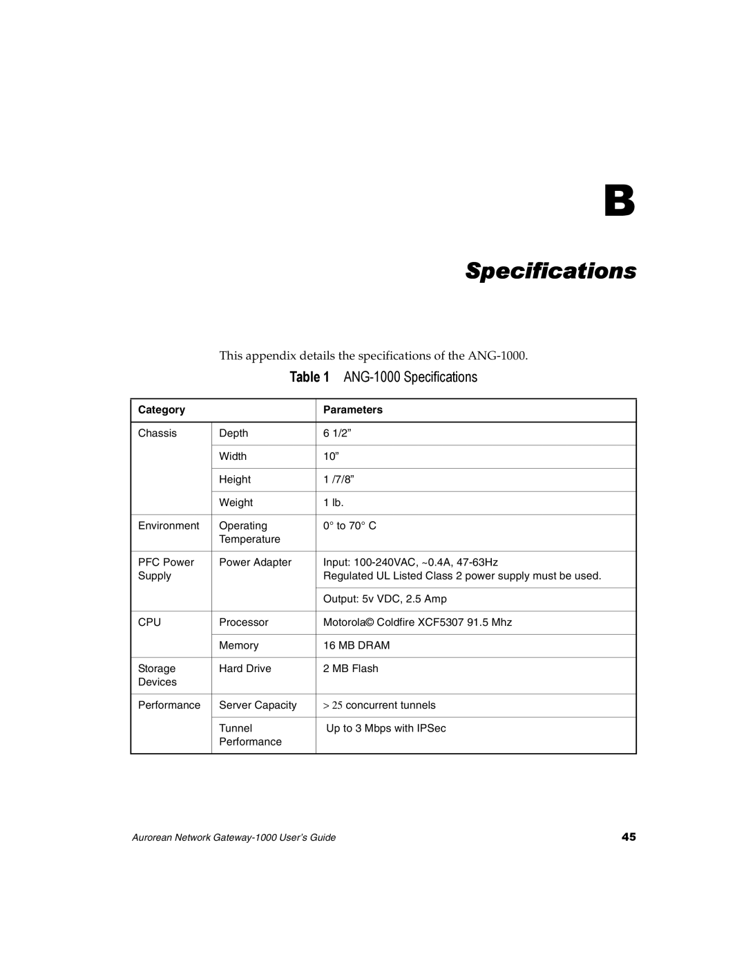 Enterasys Networks manual Specifications, This appendix details the specifications of the ANG-1000, Category Parameters 