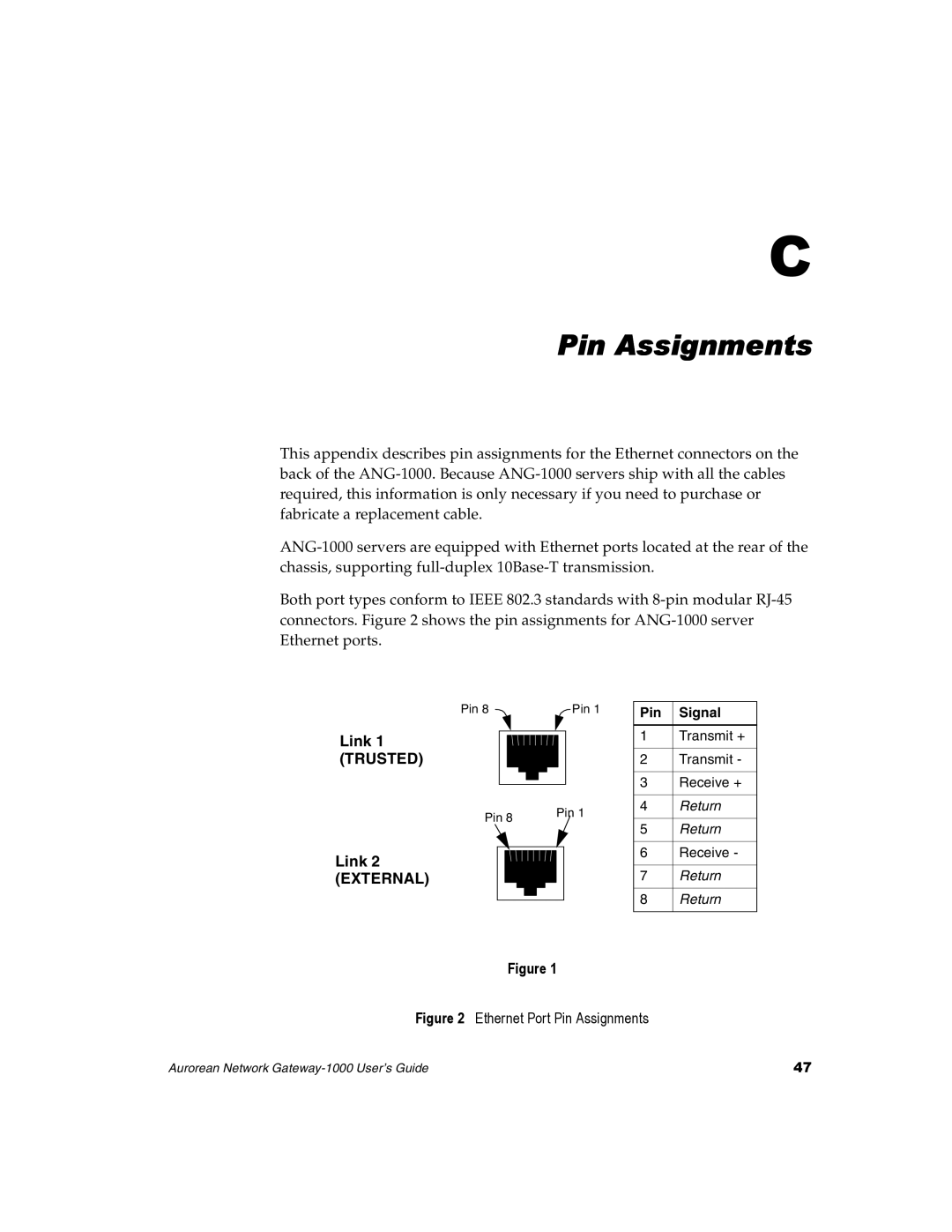 Enterasys Networks ANG-1000 manual Pin Assignments, Link 1 Trusted, Link 2 External, Pin Signal 