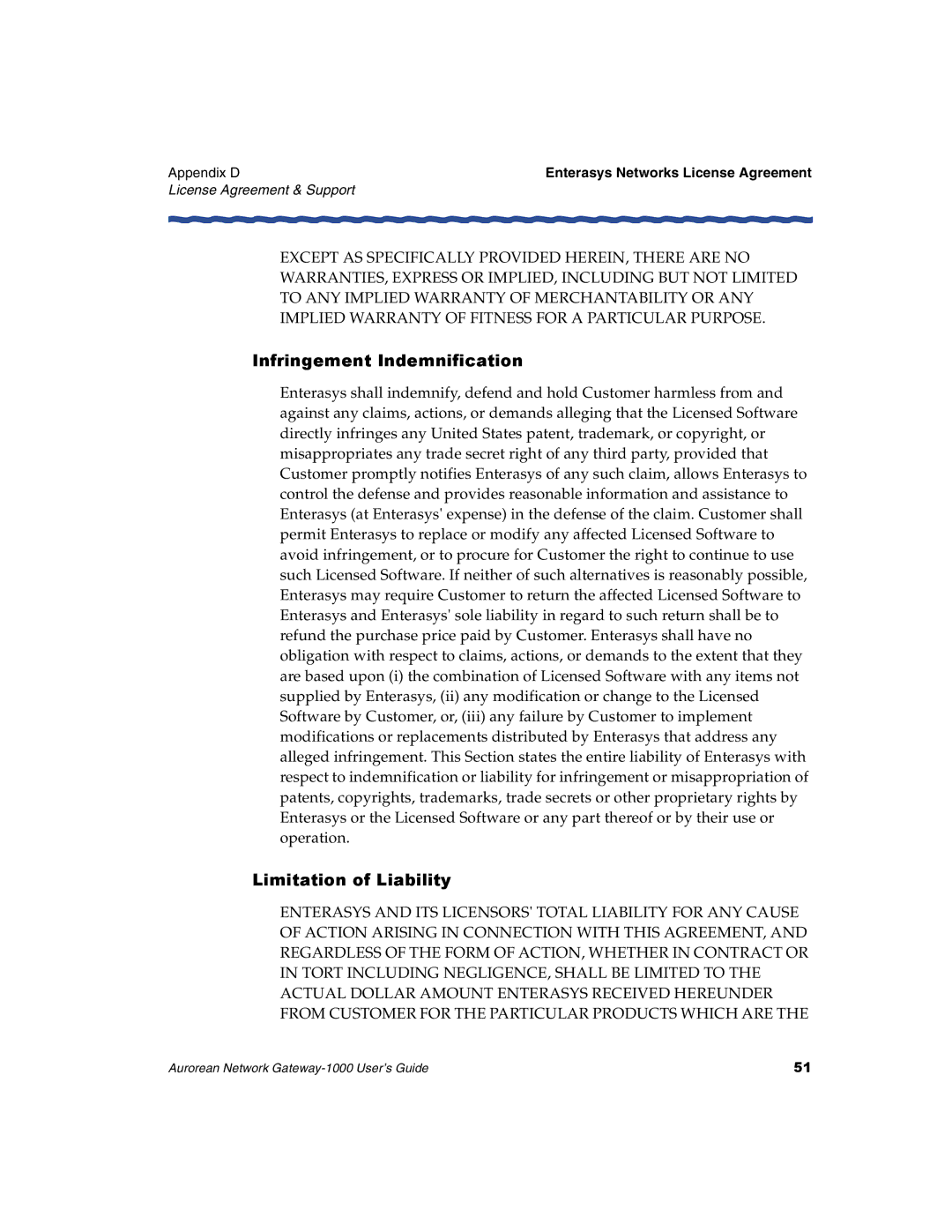 Enterasys Networks ANG-1000 manual Infringement Indemnification, Limitation of Liability, Appendix D 